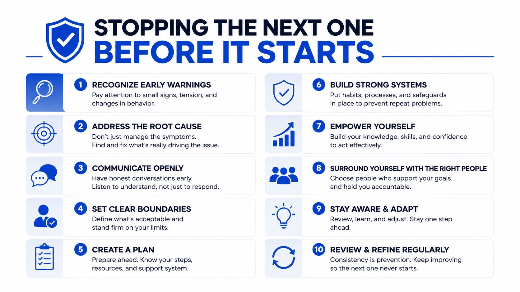 A ten-step infographic titled Stopping The Next One Before It Starts featuring professional prevention and maintenance advice.