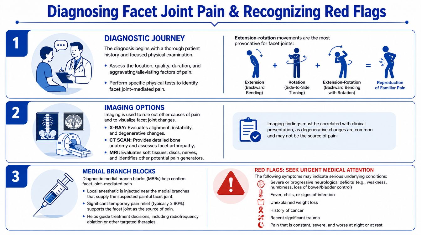 Diagnostic guide infographic for facet joint pain and red flags.