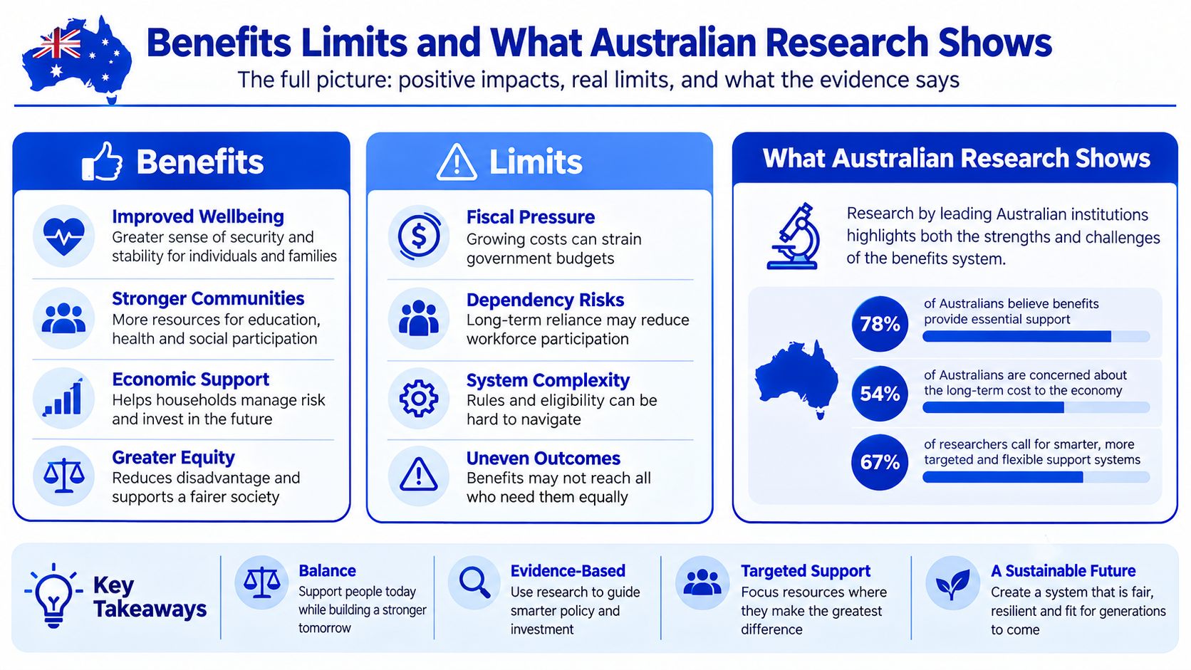 An infographic titled FMS Benefits Limits and What Australian Research Shows, detailing social support impacts and statistics.