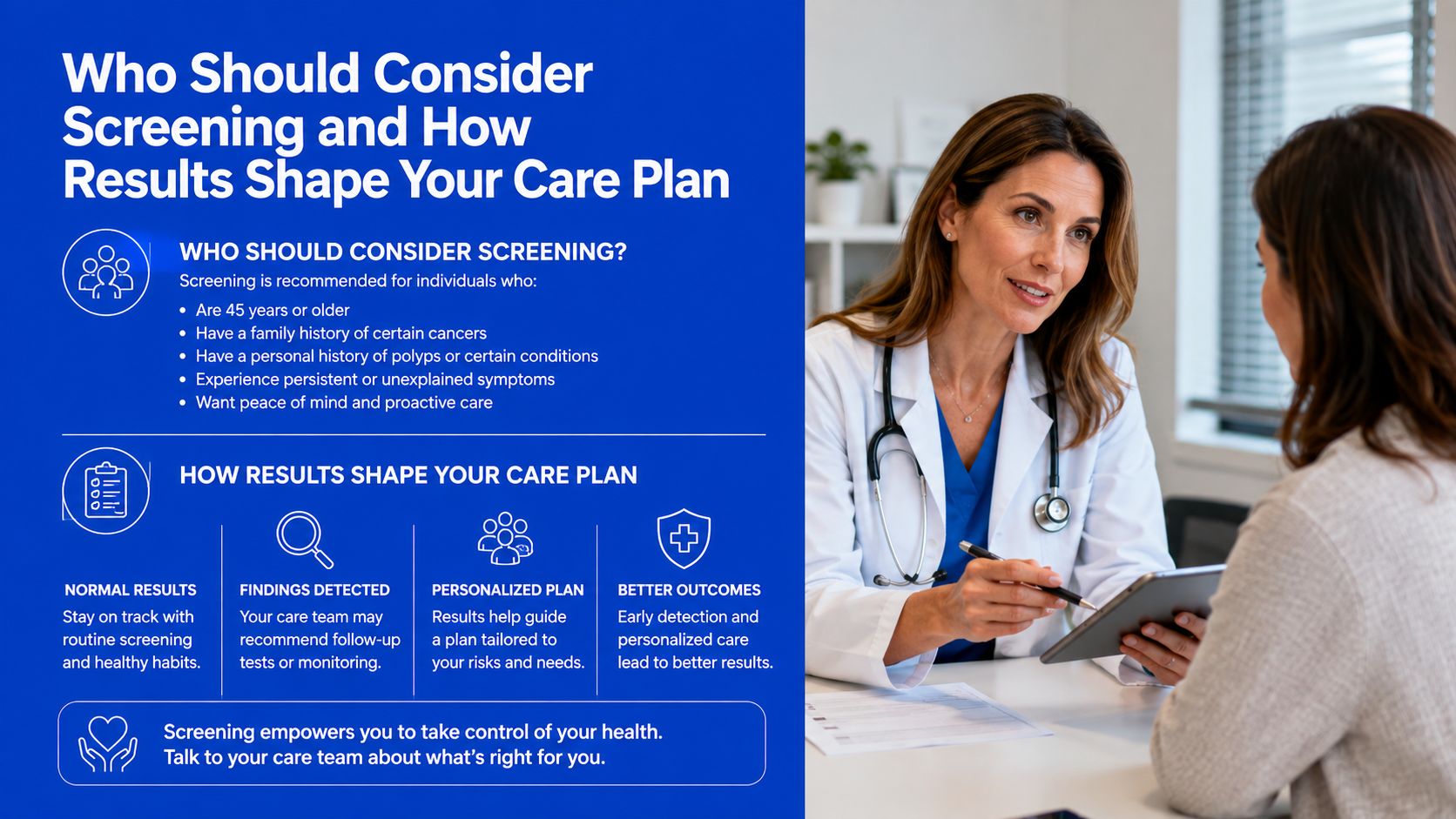 A doctor explaining the benefits of proactive health screening and personalized care to a patient.