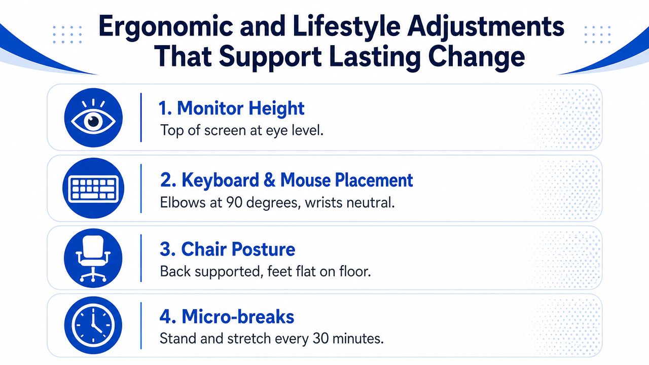 A list of ergonomic and lifestyle tips for office workers, including monitor height, posture, and breaks.