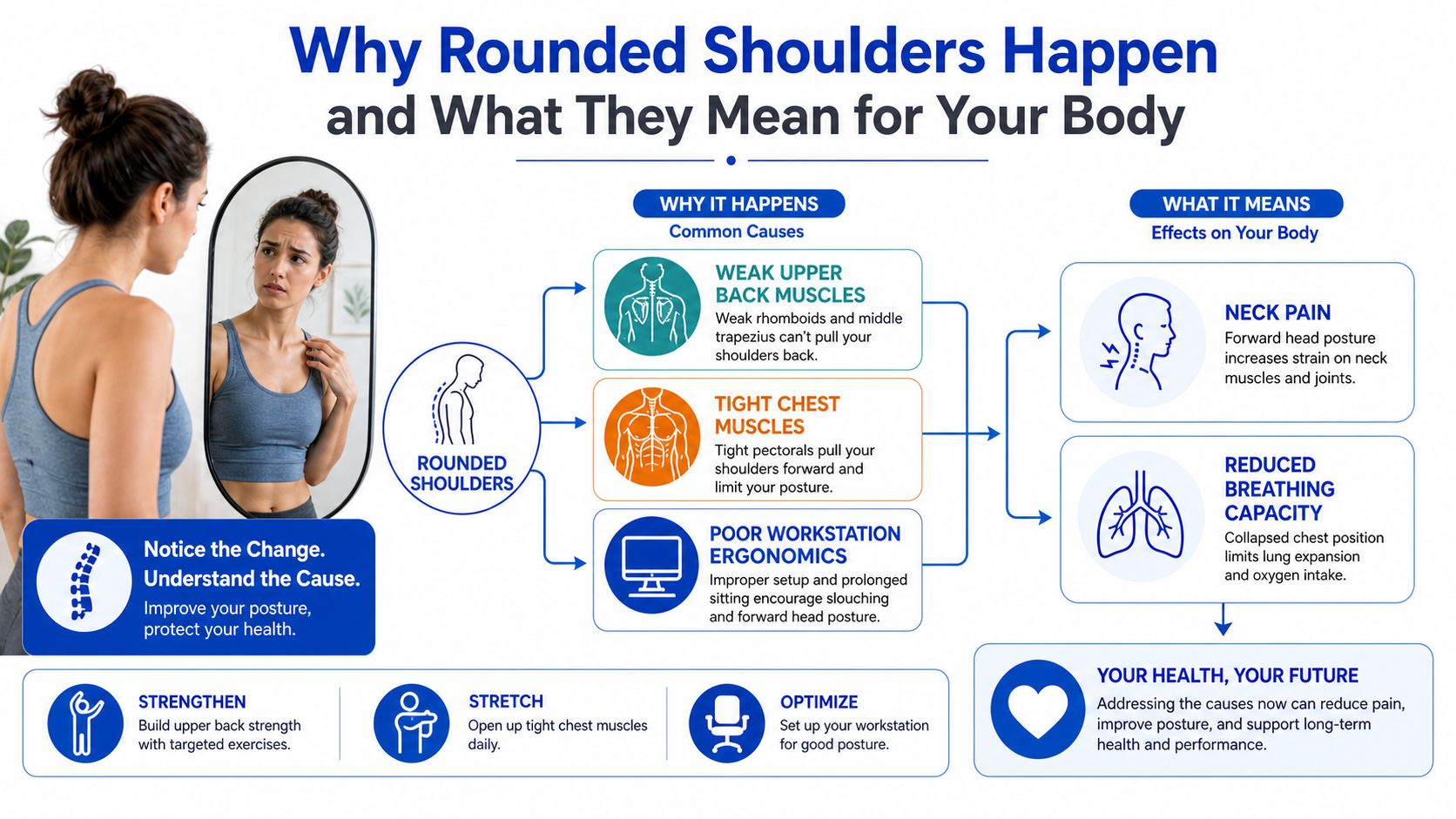 An infographic explaining the causes and health effects of rounded shoulders, including tips for posture improvement.