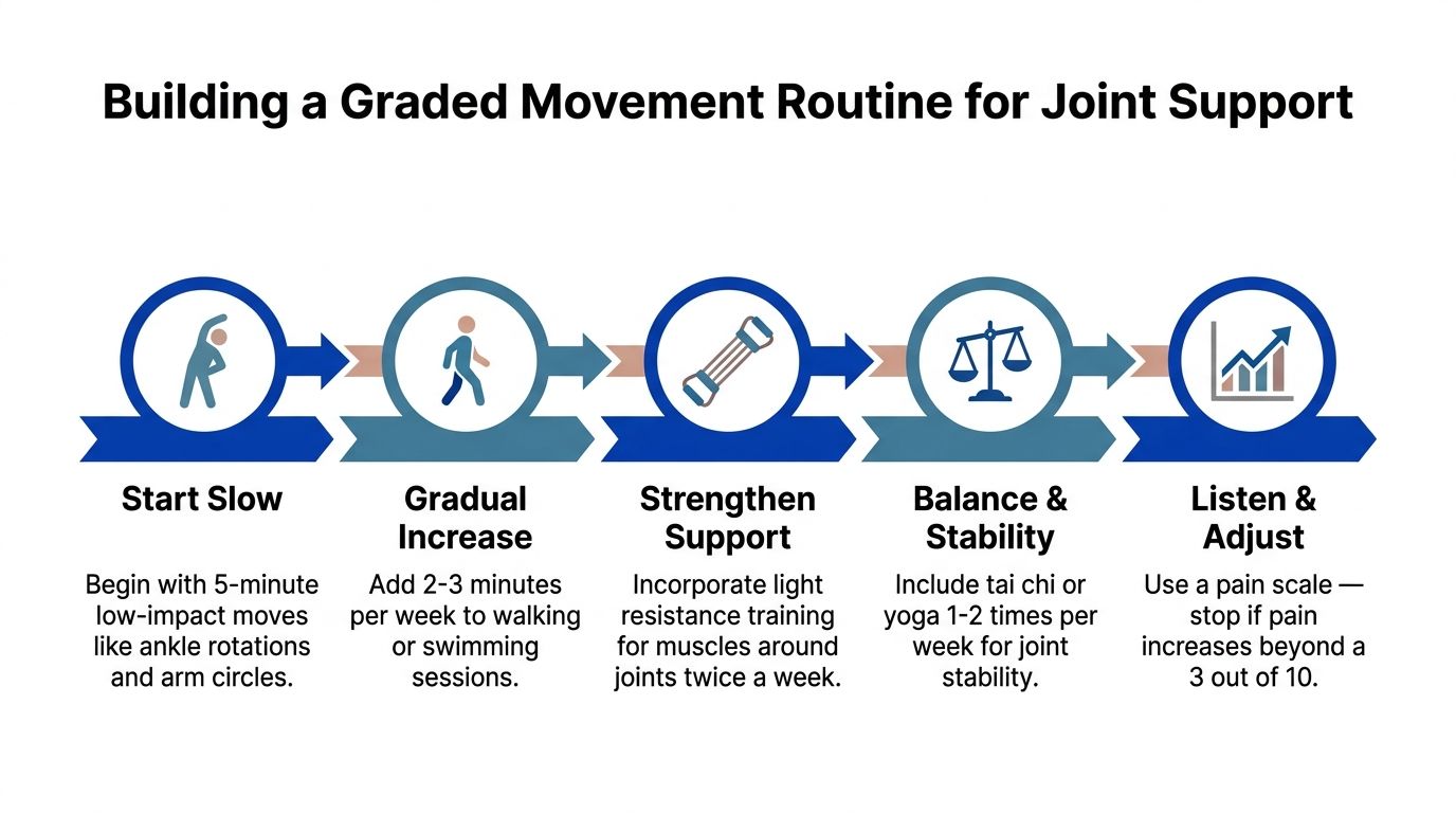 A five-step infographic for a graded movement routine to improve joint health through gradual physical activity.