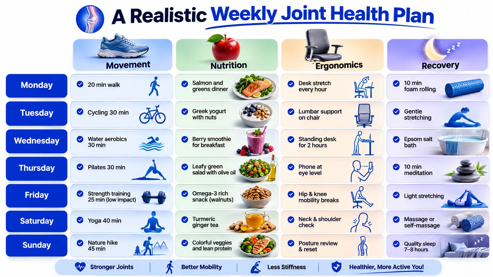 A weekly joint health plan featuring daily routines for movement, nutrition, ergonomics, and recovery to improve mobility.