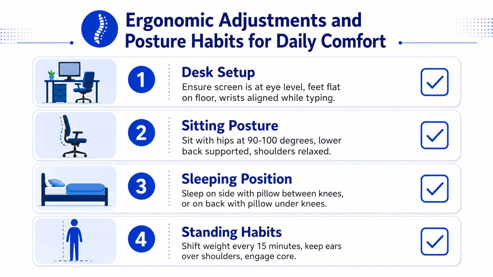 A guide showing ergonomic adjustments and healthy posture habits for sitting, sleeping, and standing to improve comfort.
