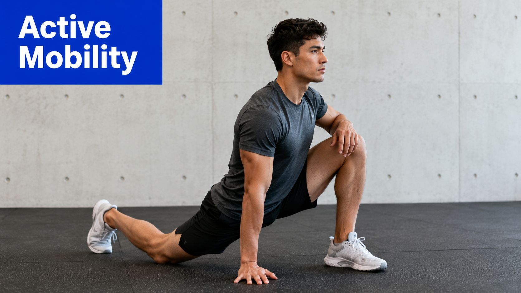 A fit man performing a lunge stretch on a gym floor, focusing on active mobility and flexibility.