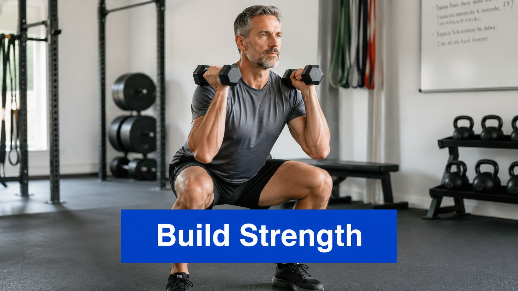 A mature man in a gym performing a dumbbell squat to build strength and physical conditioning.
