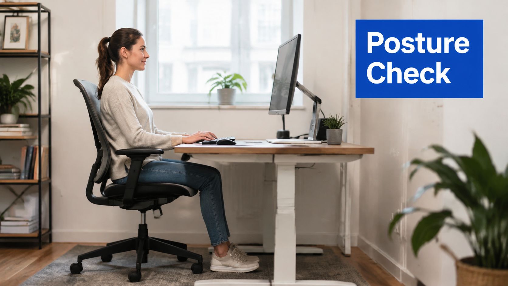 A woman sitting in an ergonomic chair with good posture while working at her home office desk.