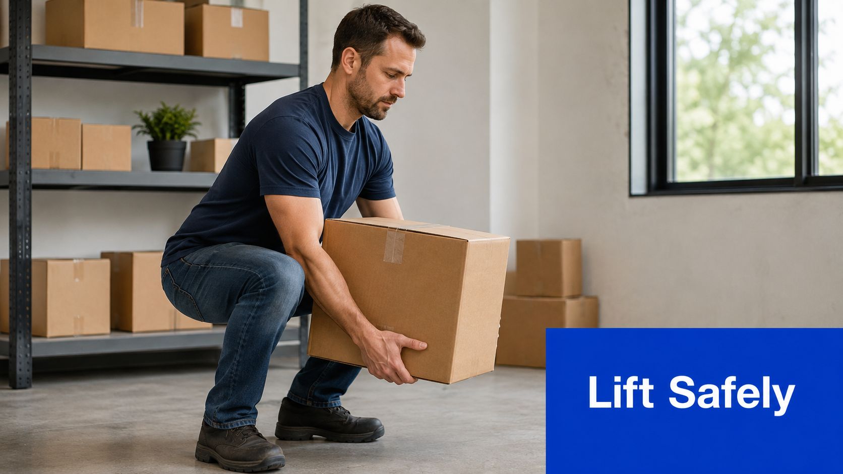 A man in a blue shirt demonstrates the proper technique for lifting a heavy cardboard box safely.