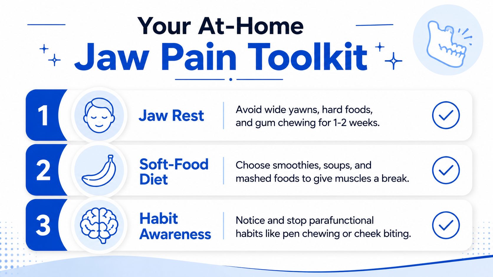 An infographic titled Your At-Home Jaw Pain Toolkit, listing three steps to help relieve jaw discomfort.