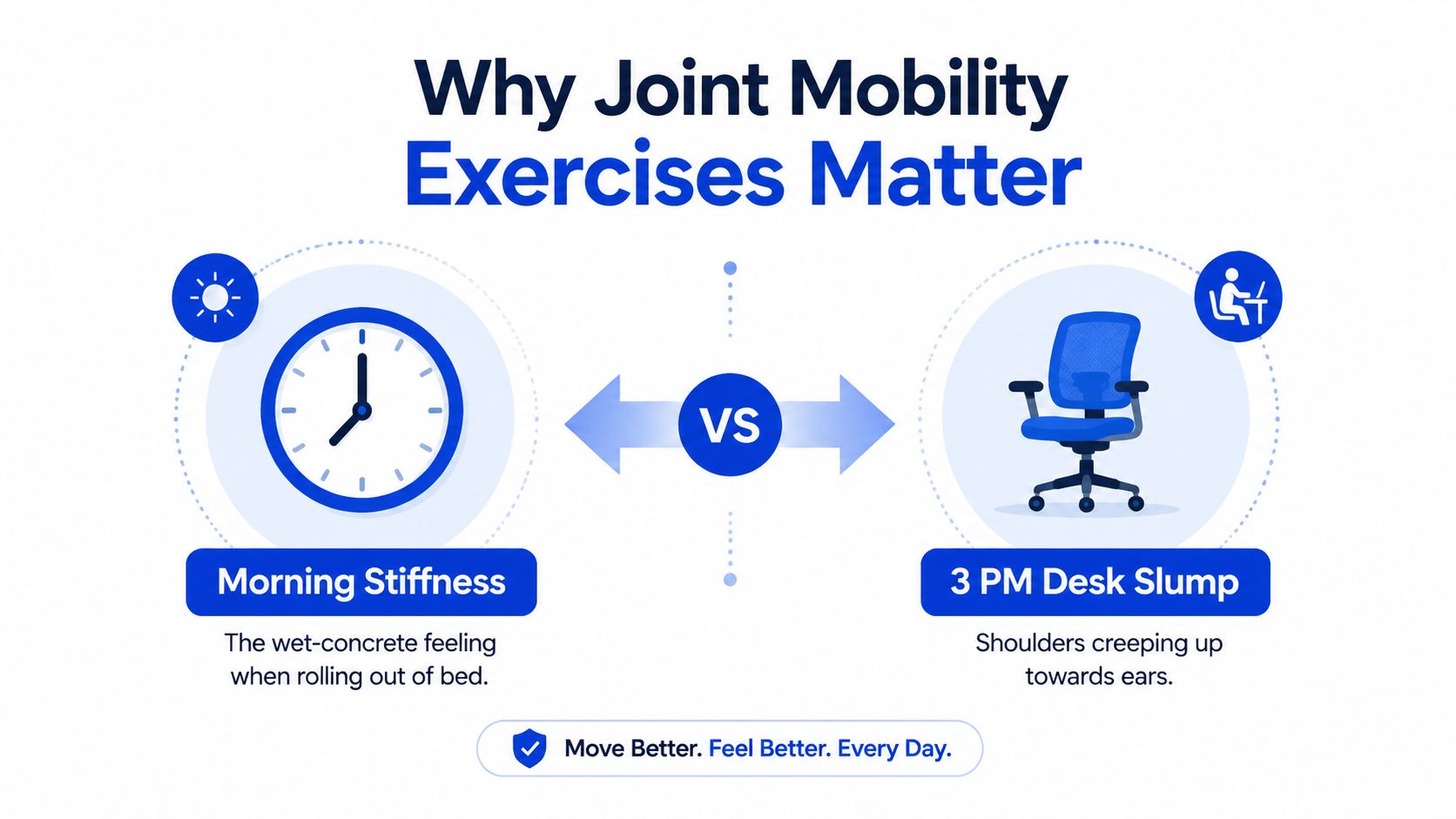 An infographic titled Why Joint Mobility Exercises Matter contrasting morning body stiffness with afternoon office desk fatigue.