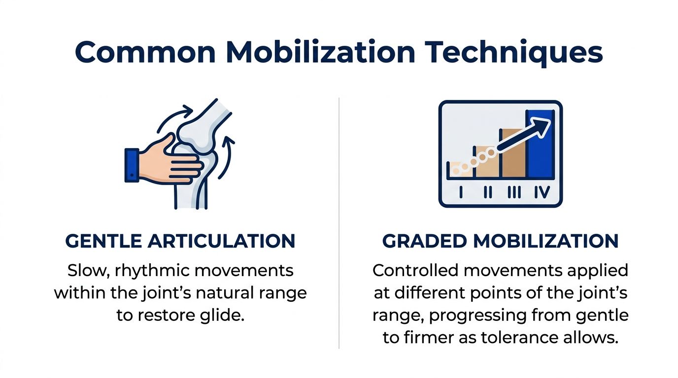 An infographic showing two joint mobilization techniques: gentle articulation and graded mobilization for physical therapy.