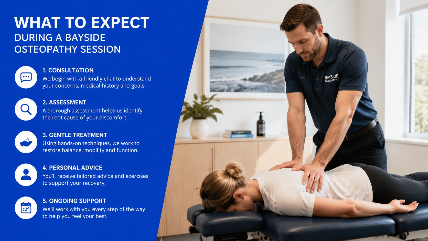A professional osteopath performing manual therapy on a patient's back during a session at Bayside Osteopathy.