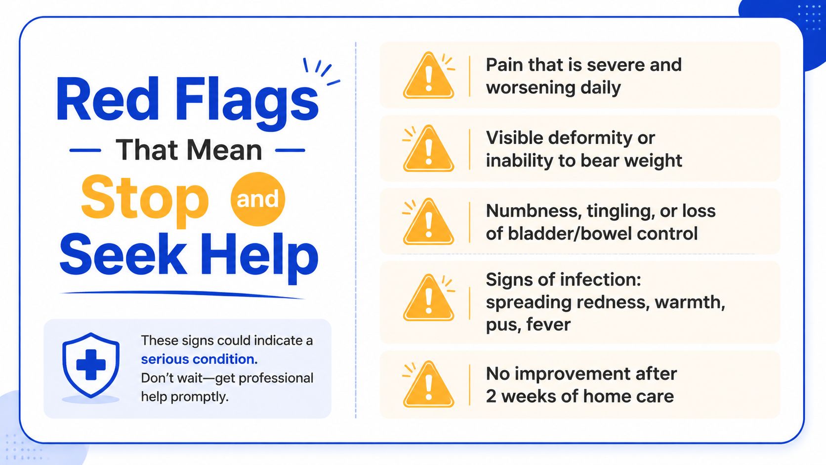 An infographic titled Red Flags That Mean Stop and Seek Help listing five medical warning signs.