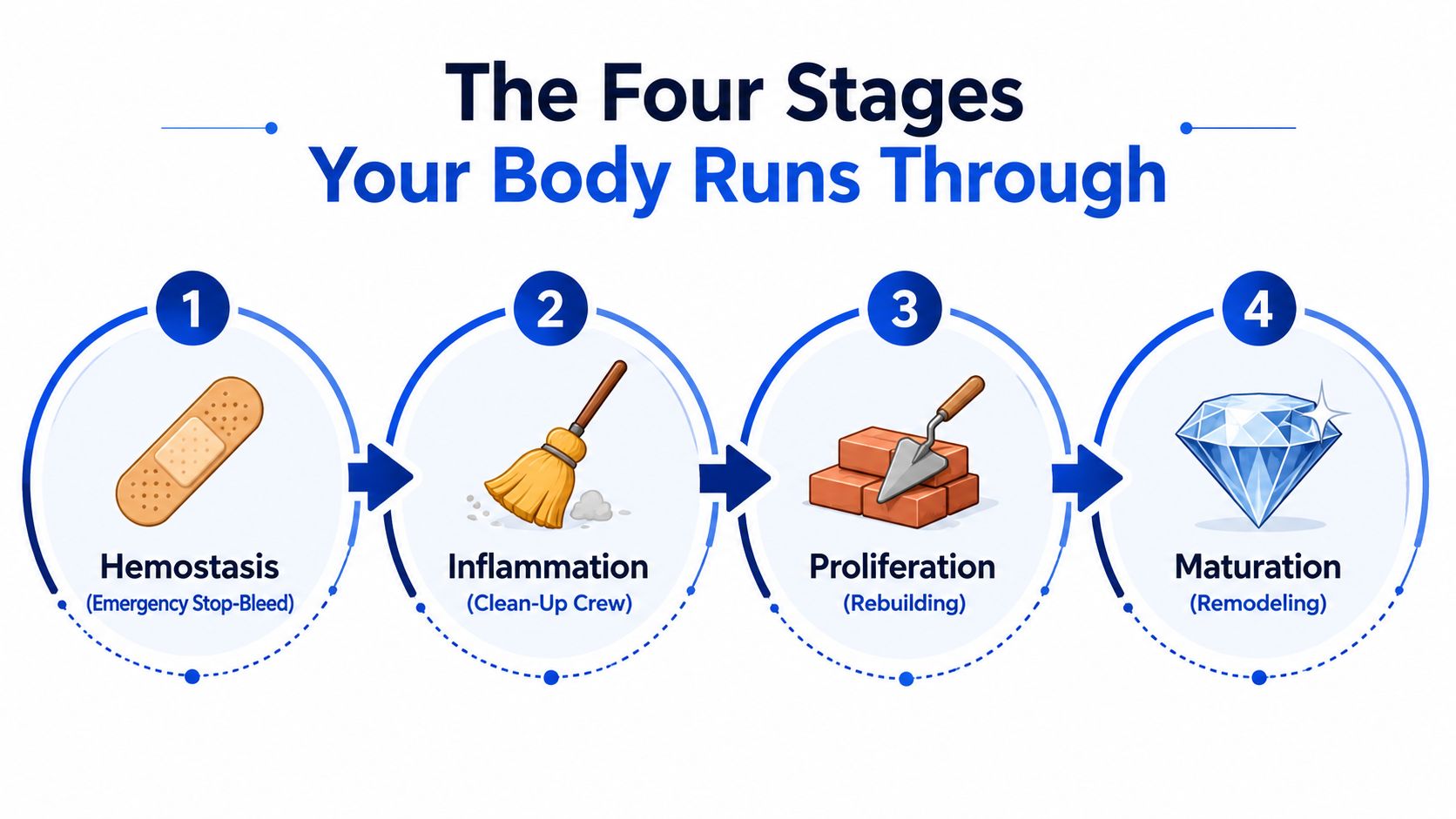 A visual diagram illustrating the four stages of the natural human body wound healing process.
