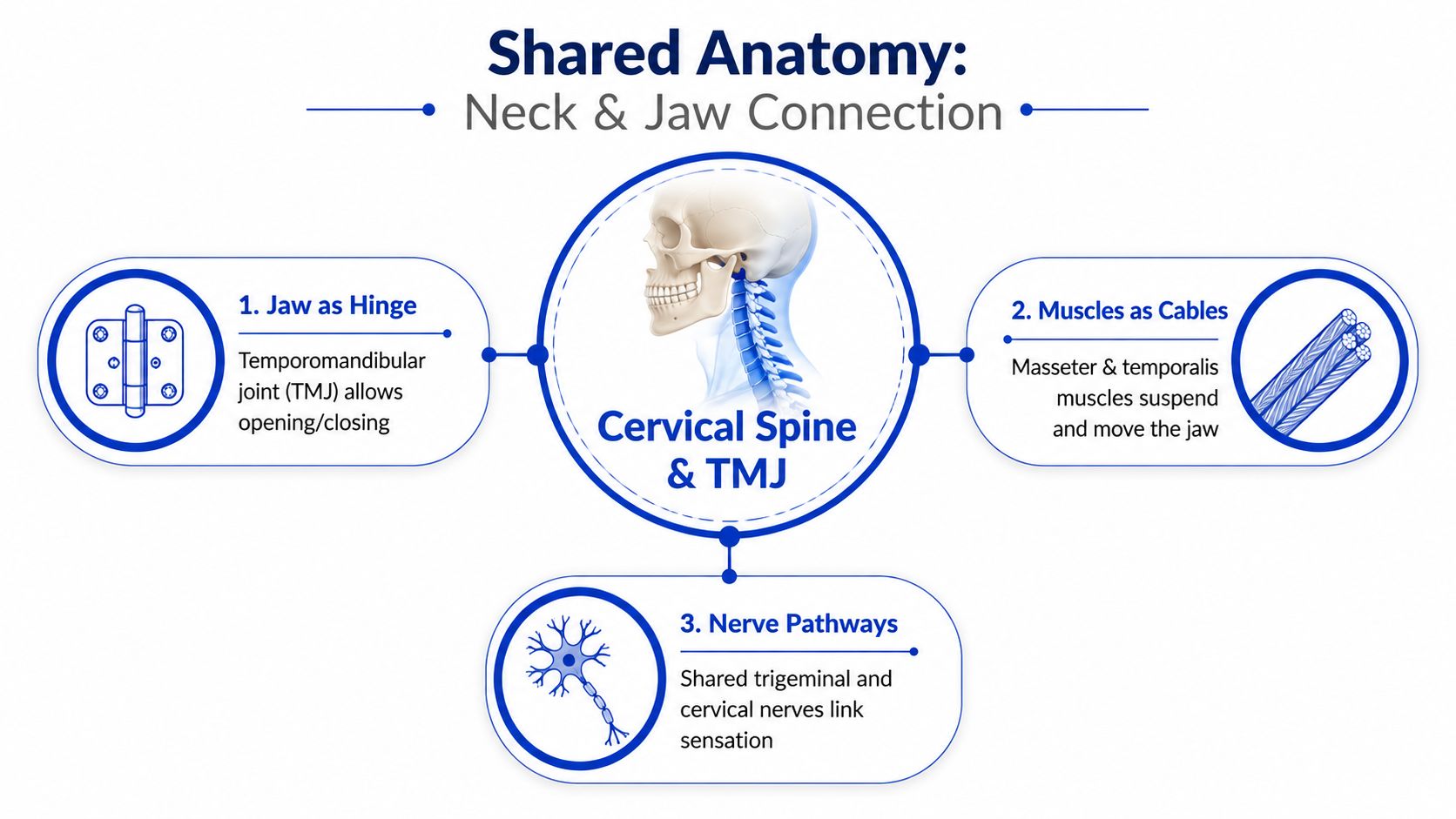 A diagram illustrating the anatomical connection between the cervical spine and the temporomandibular joint, or TMJ.