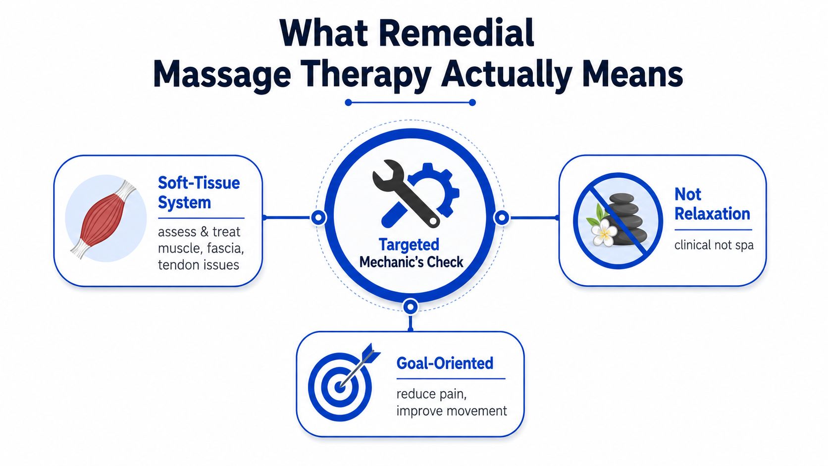 An infographic titled What Remedial Massage Therapy Actually Means explaining its clinical focus on soft-tissue and goals.