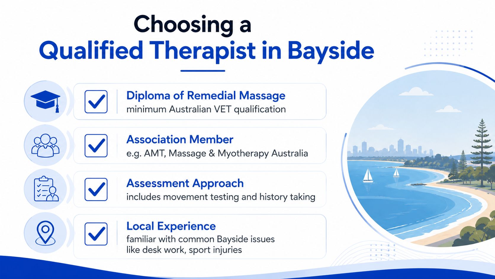 An infographic titled Choosing a Qualified Therapist in Bayside, listing essential qualifications for remedial massage practitioners.