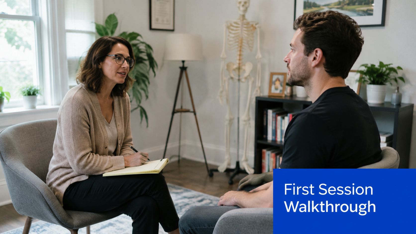 A professional therapist sits across from a client during an initial remedial massage therapy consultation session.