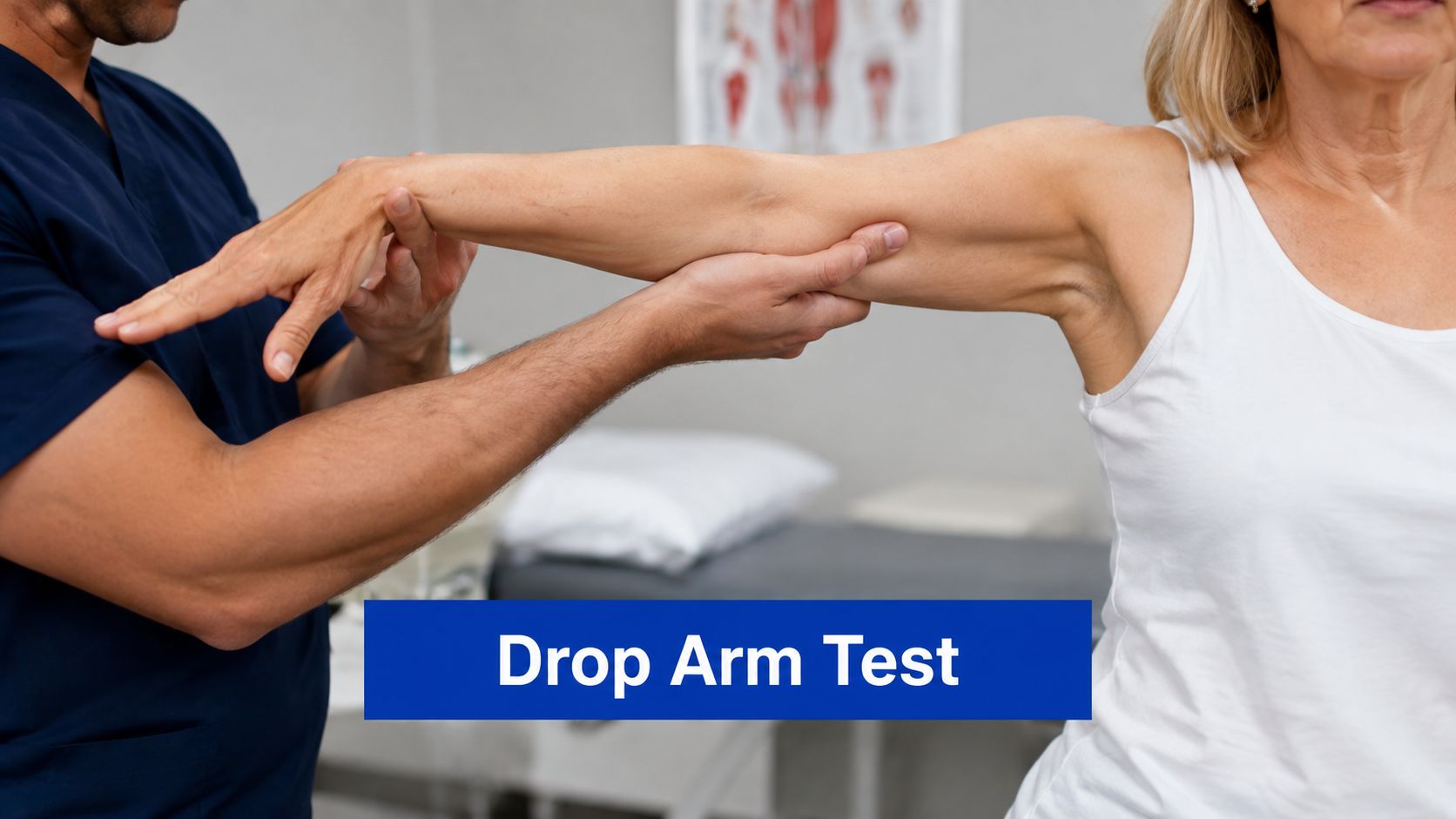 A medical professional conducting a drop arm test on a patient's shoulder in a clinical office setting.