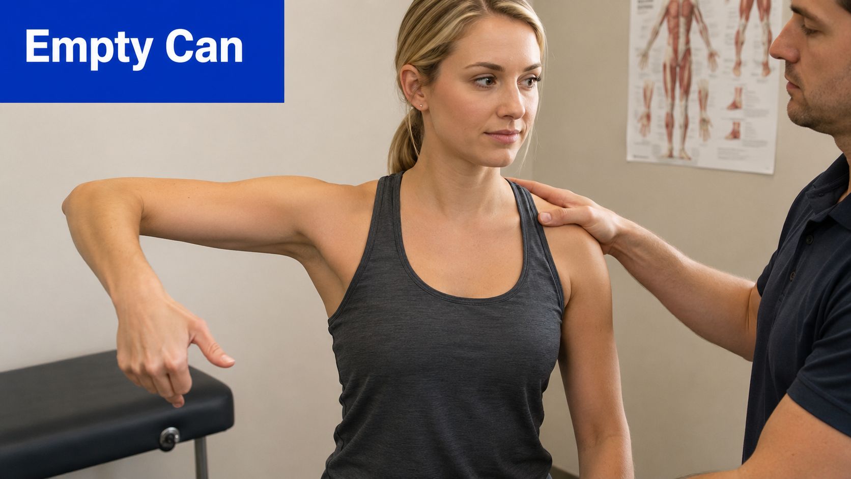 A physical therapist performing an Empty Can test to assess the patient's rotator cuff function.