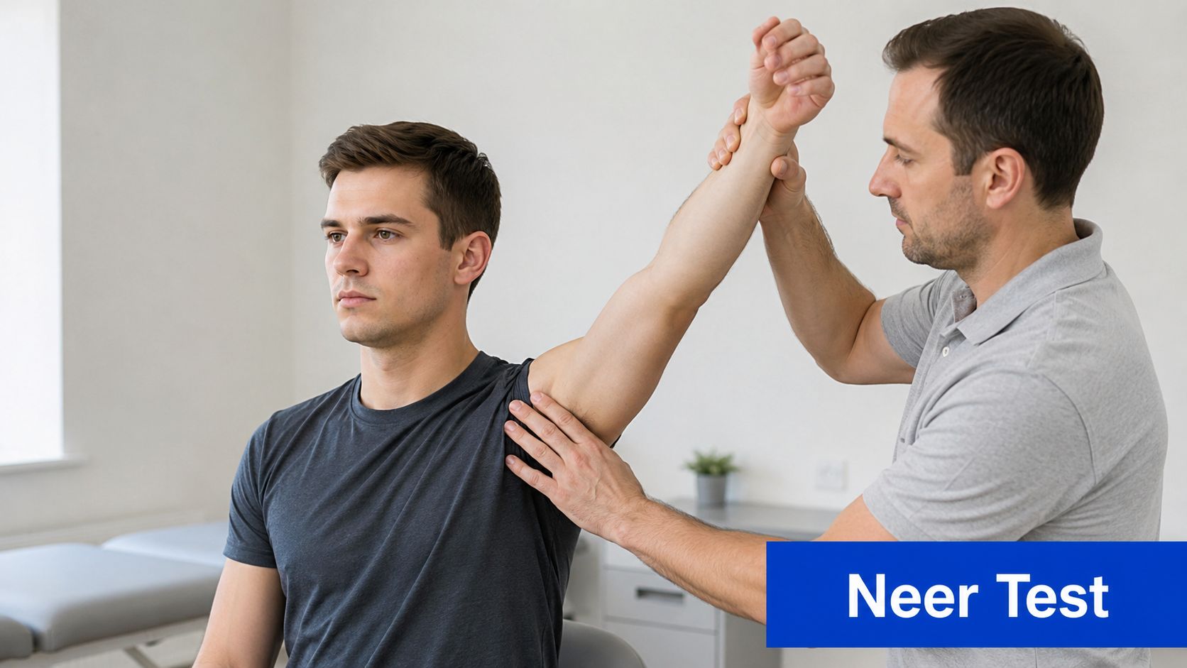 A physical therapist performing a Neer shoulder impingement test on a patient in a clinical setting.