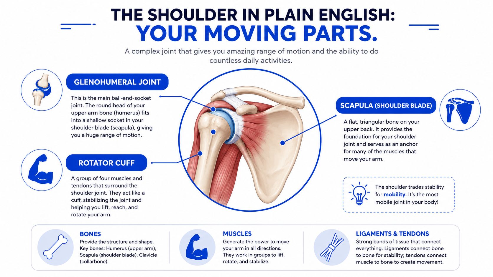 An educational infographic illustrating the anatomical structures and moving parts of the human shoulder joint.