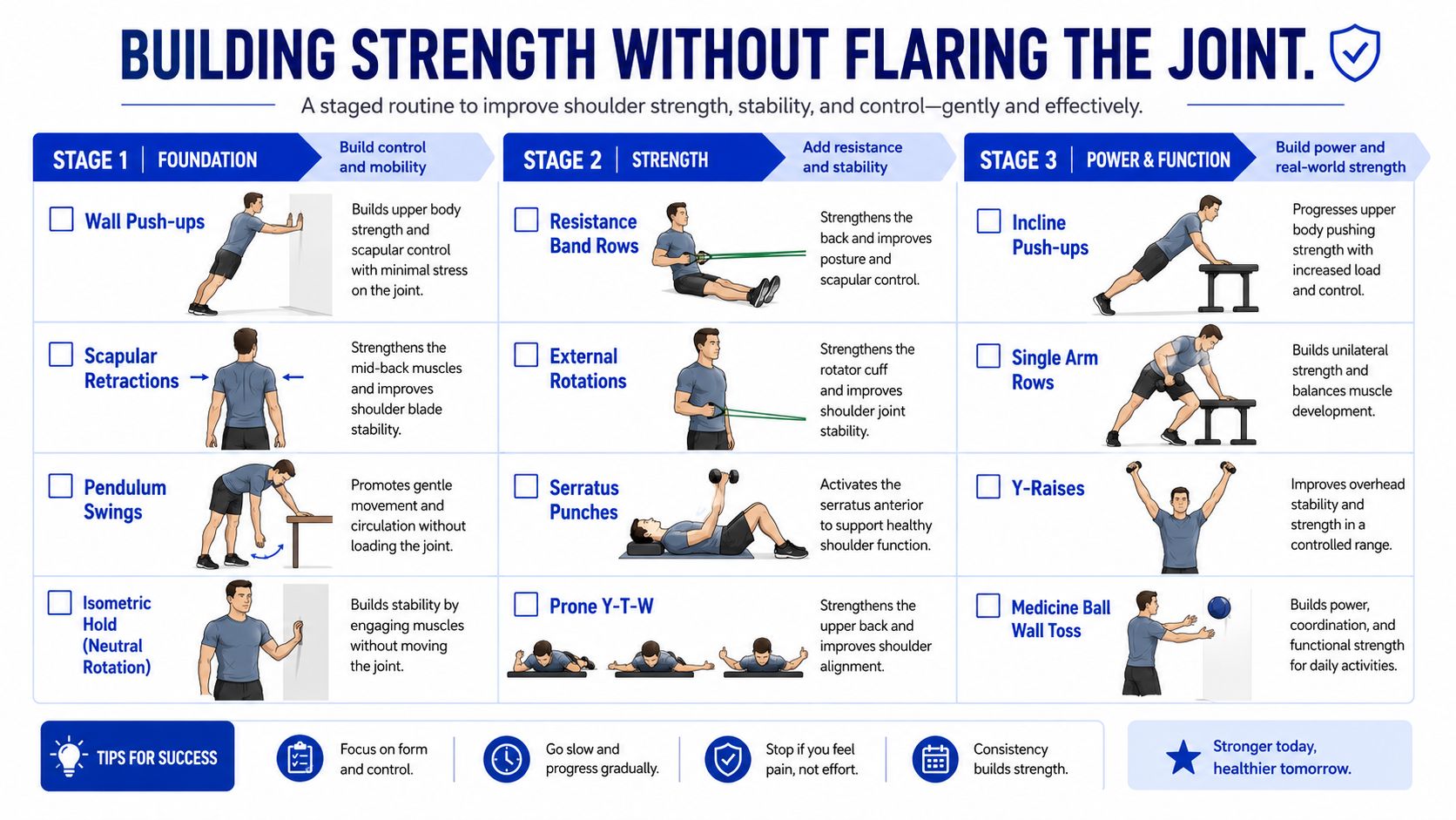 A structured exercise routine infographic for building shoulder strength and stability while preventing joint pain.