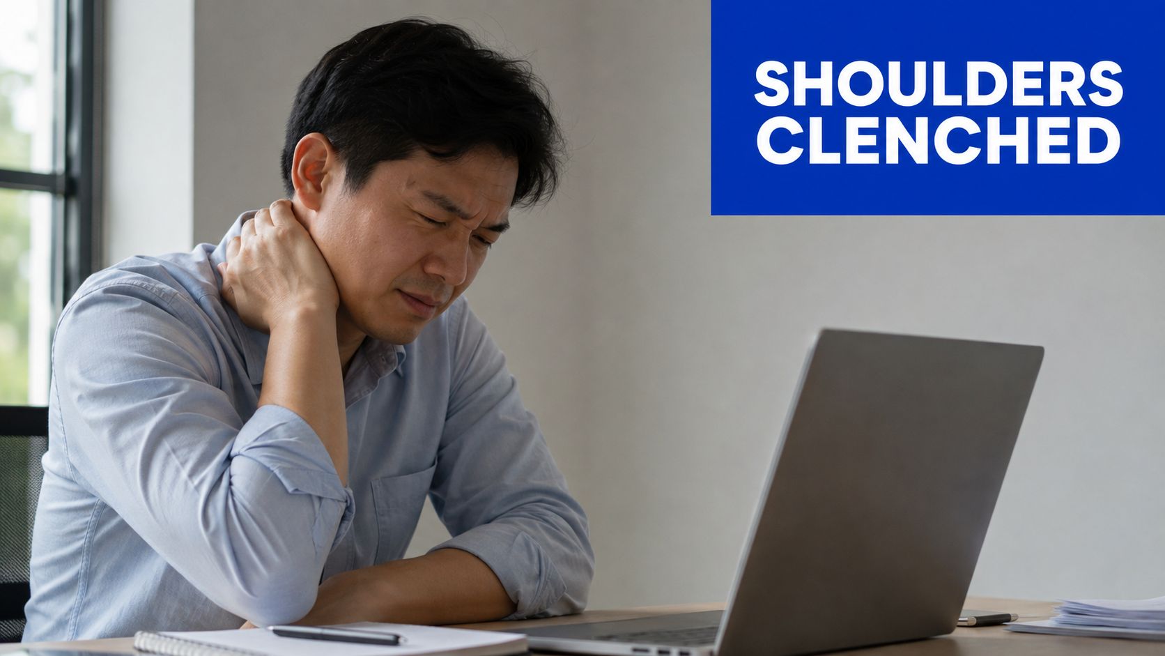 A man in a light blue shirt experiencing shoulder pain while sitting at a desk with his laptop.