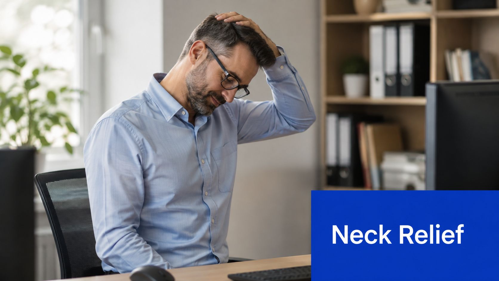 A professional man sitting at an office desk stretching his neck to relieve pain and tension.
