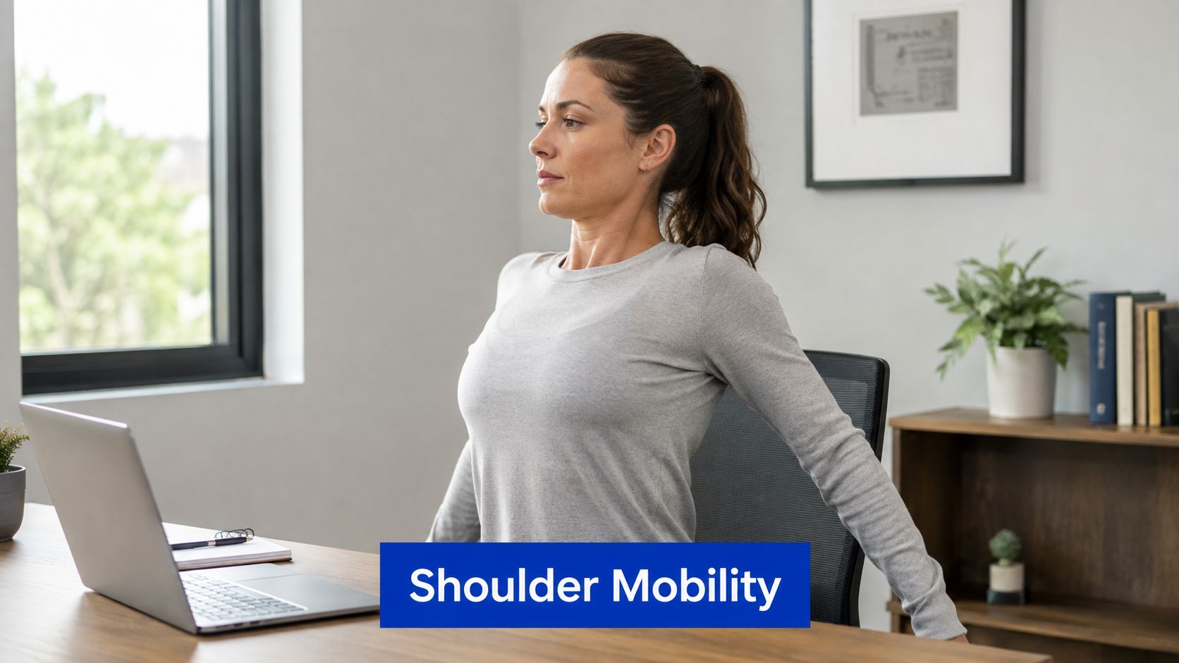 A woman performing a seated chest and shoulder stretch while sitting at her office desk workstation.