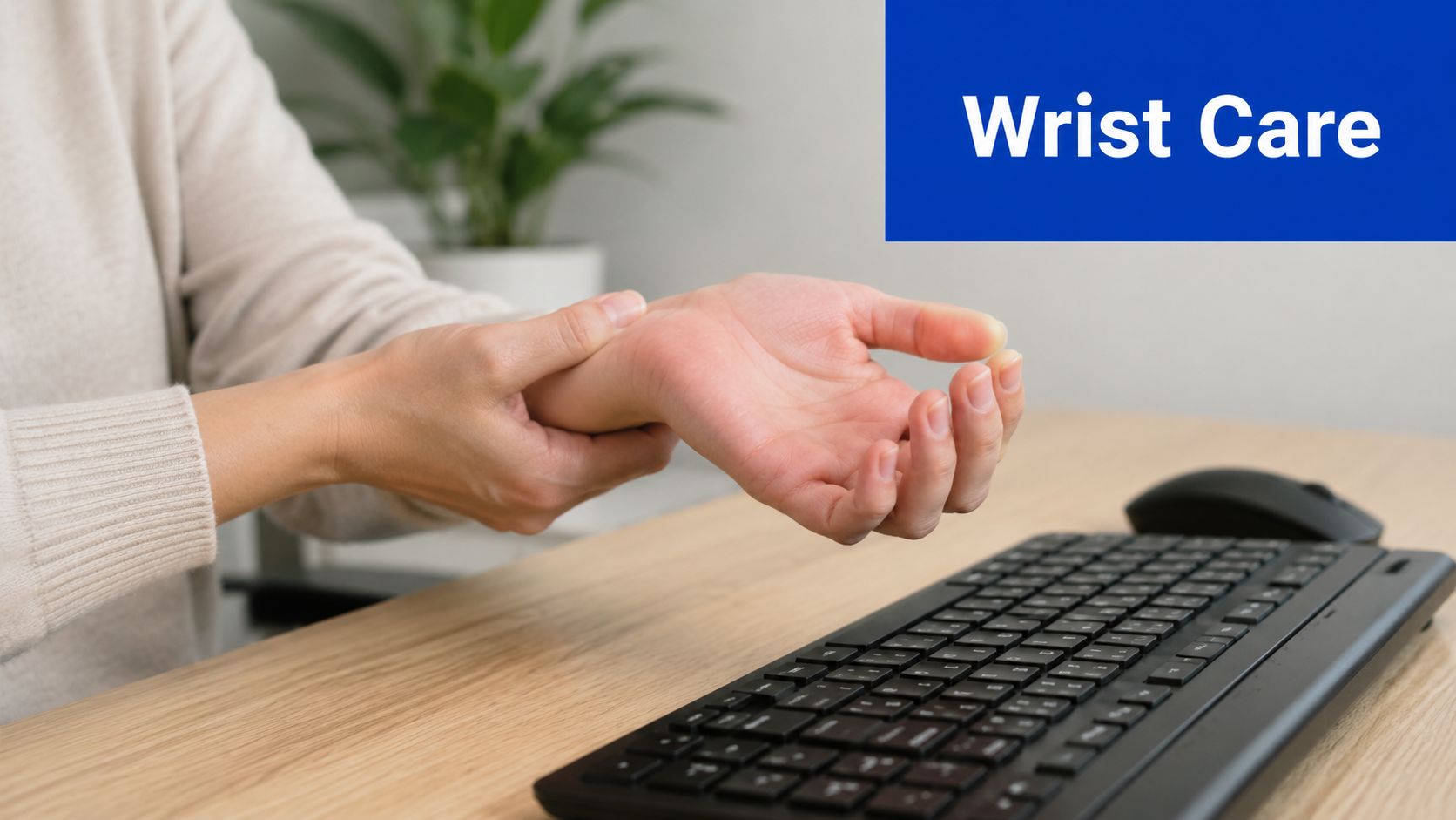 A person sitting at a computer desk holding their painful wrist, indicating potential strain or injury.