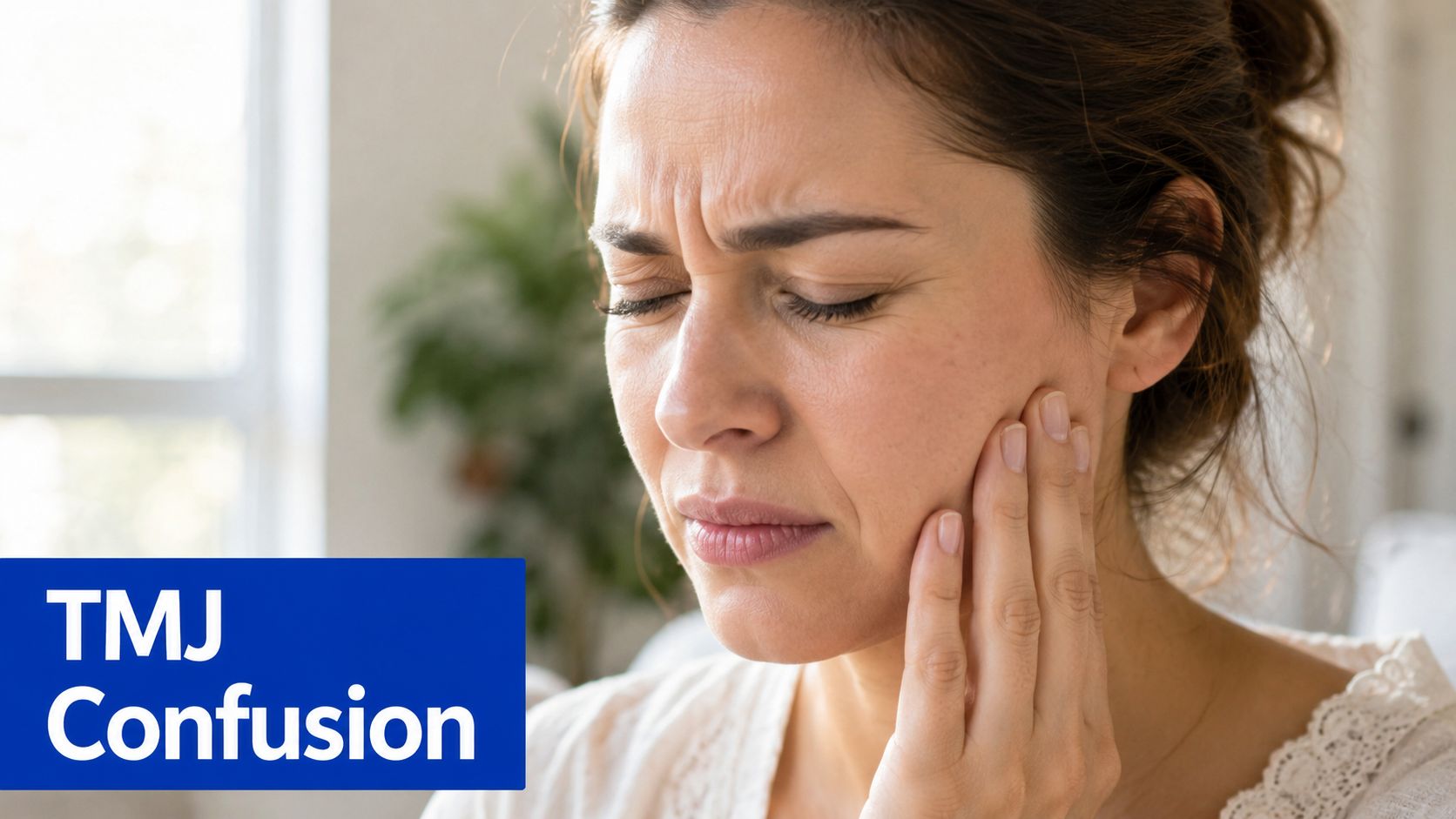 A distressed woman experiencing facial pain while touching her jaw, illustrating common symptoms of jaw discomfort.