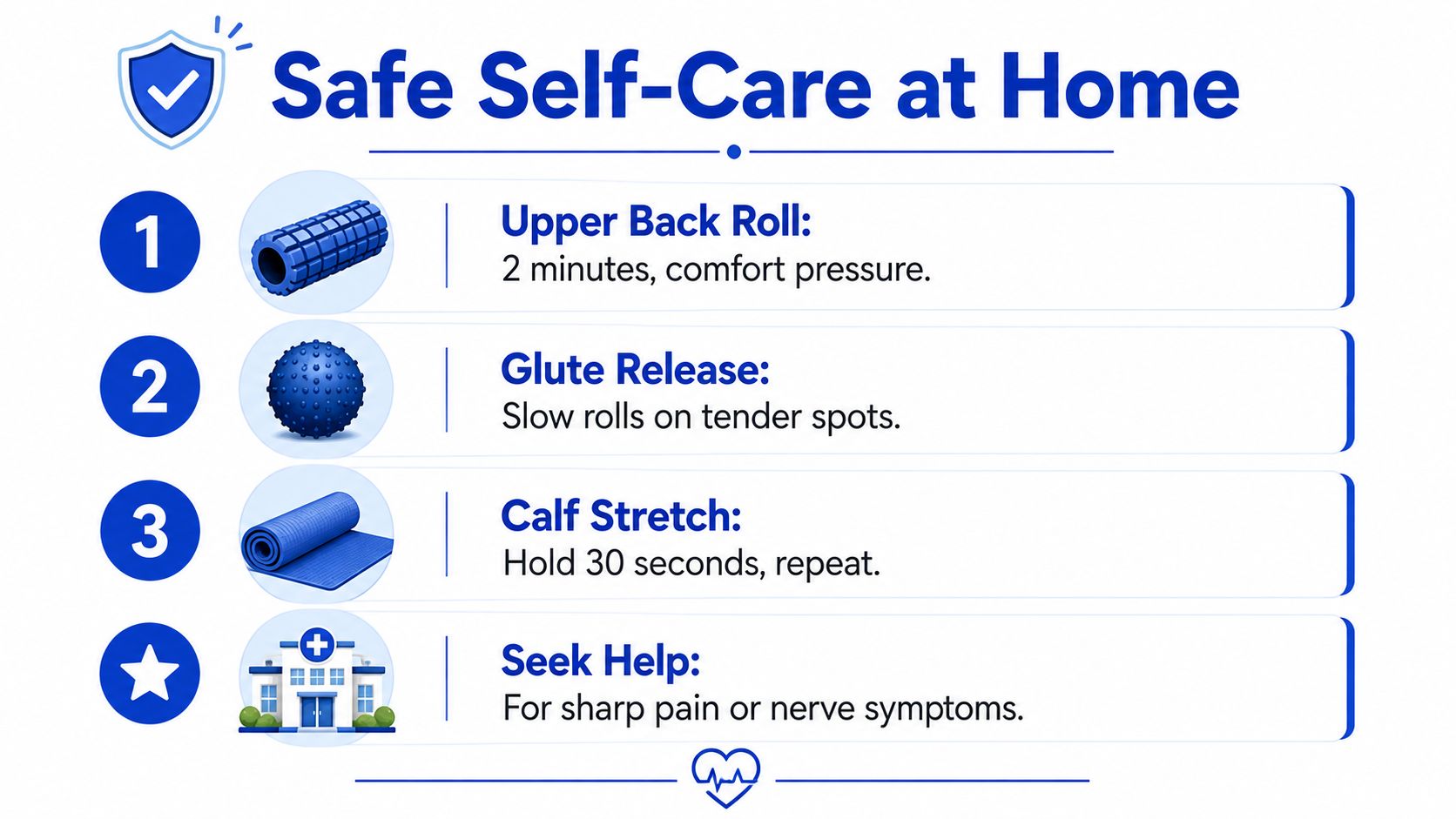 An infographic titled Safe Self-Care at Home listing three exercises and when to seek medical help.