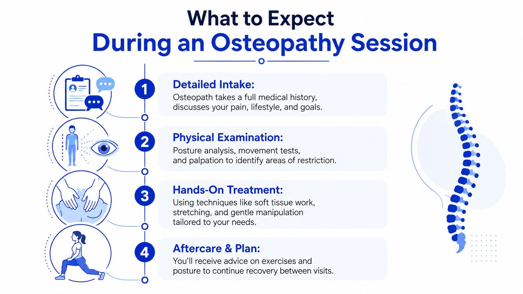 An infographic detailing the four steps of an osteopathy session, from initial consultation to aftercare planning.