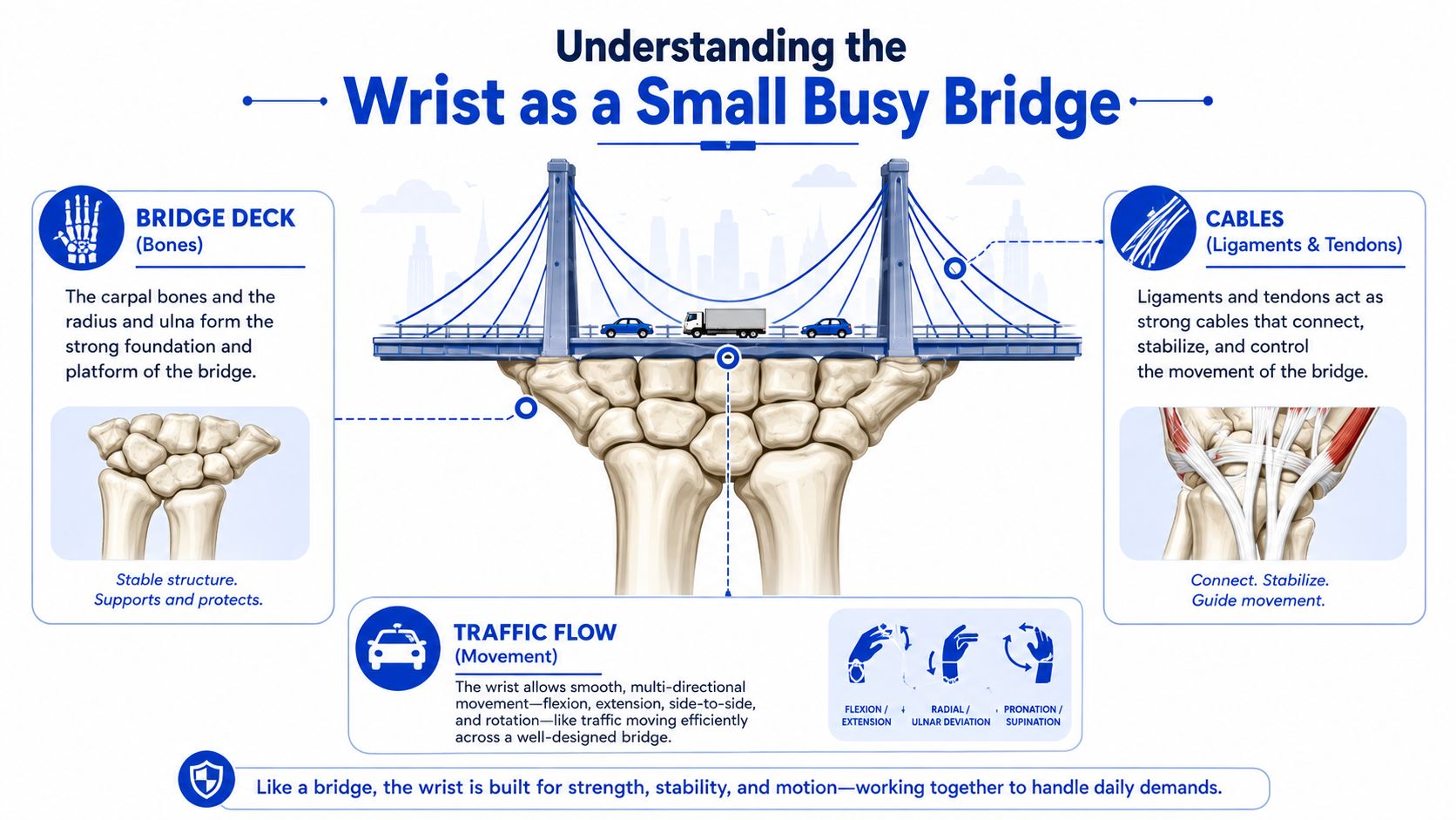 An infographic illustrating the human wrist anatomy using a bridge metaphor to explain bones, ligaments, and movement.
