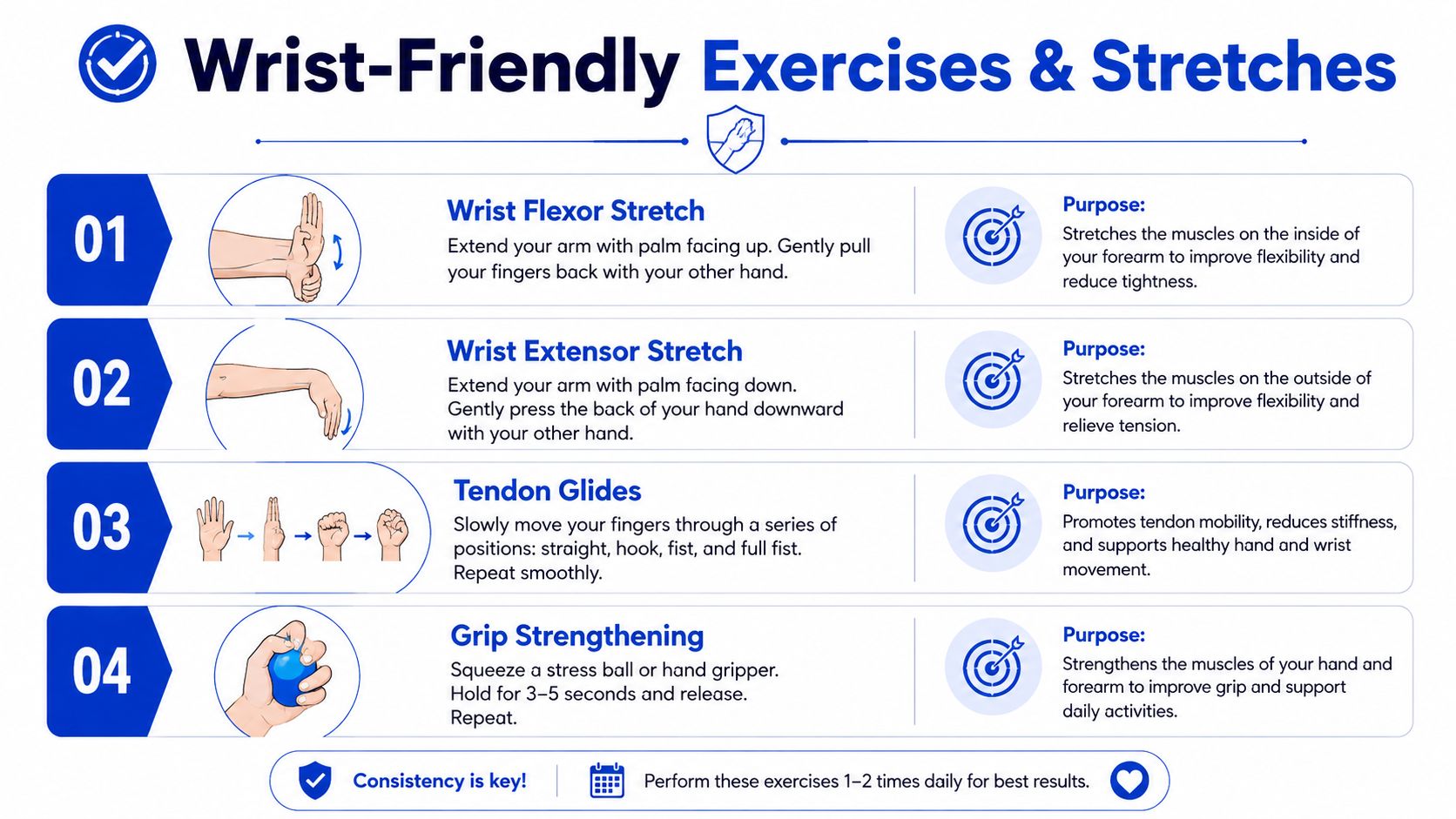 A guide showing four simple wrist-friendly exercises and stretches to improve mobility and hand strength.