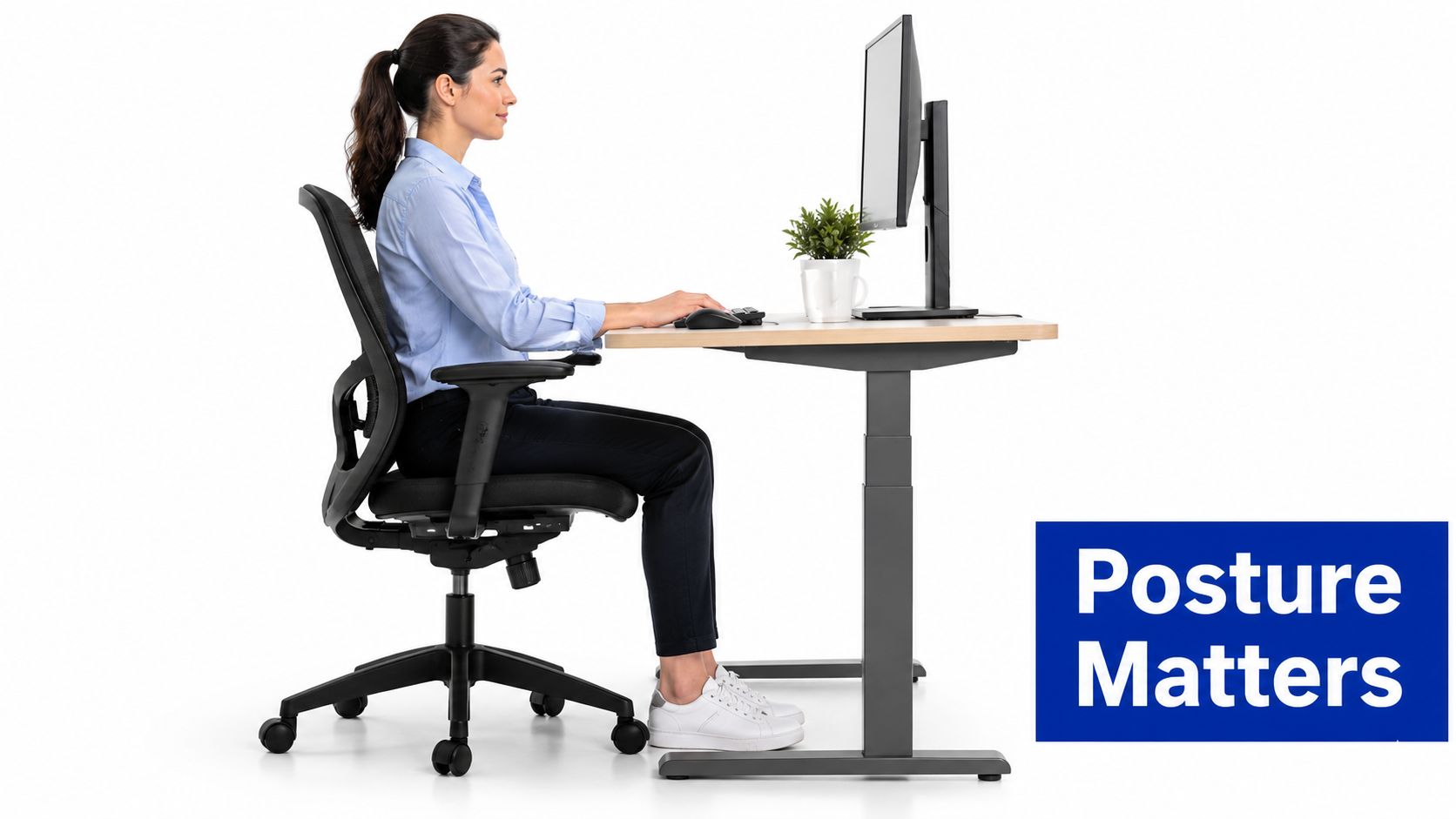 A woman sitting at a desk with proper ergonomic posture, demonstrating healthy office working habits.