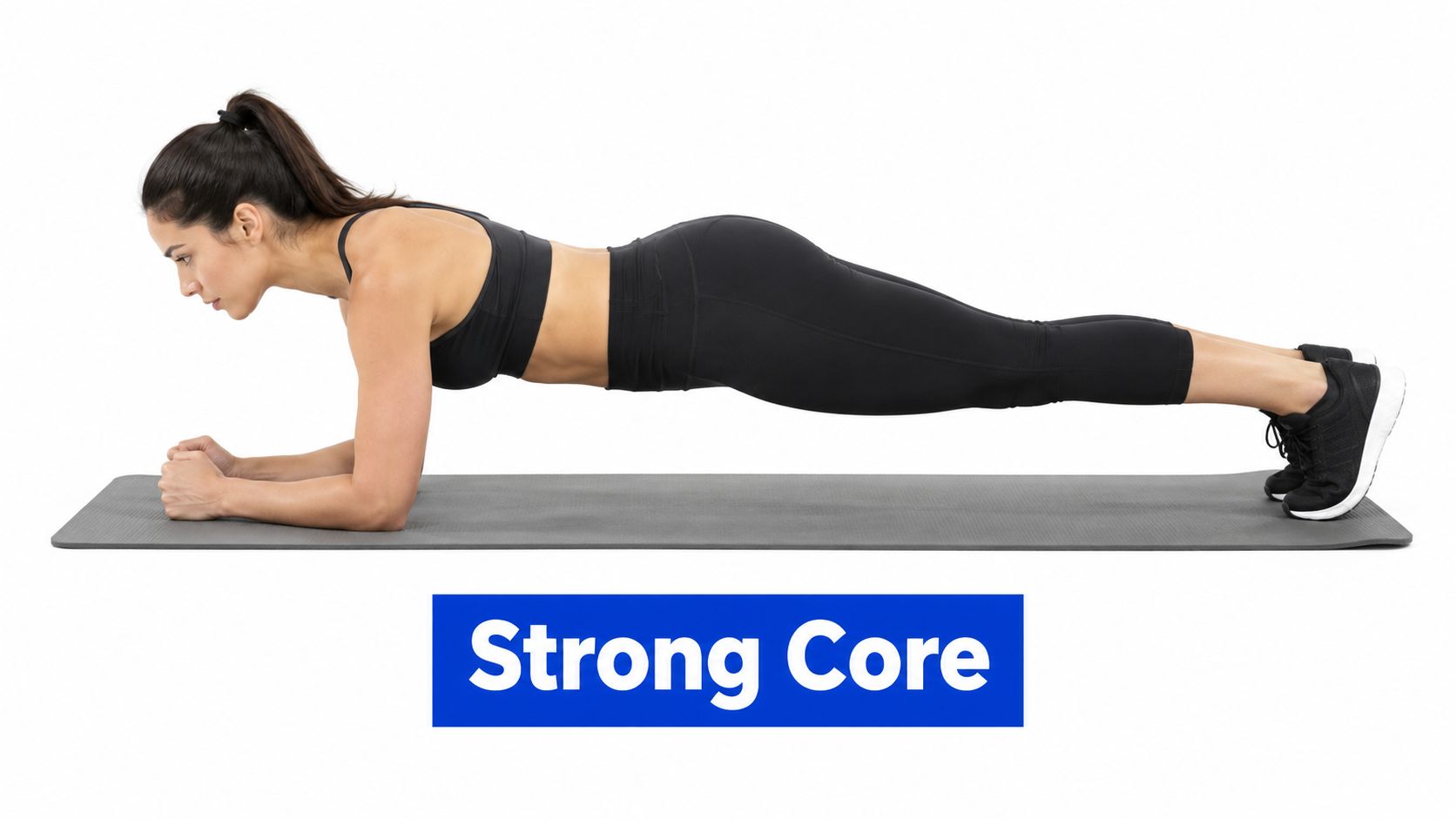 A woman performing a forearm plank exercise on a gray mat to build a strong core.