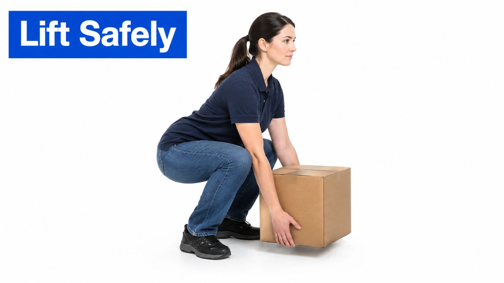 A woman demonstrating safe lifting techniques by bending her knees to pick up a cardboard box.