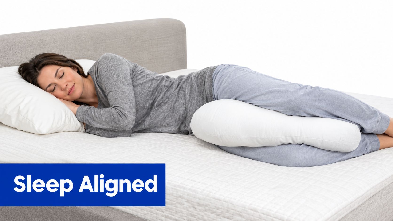 A person sleeping comfortably on their side using a body pillow for spinal alignment support.