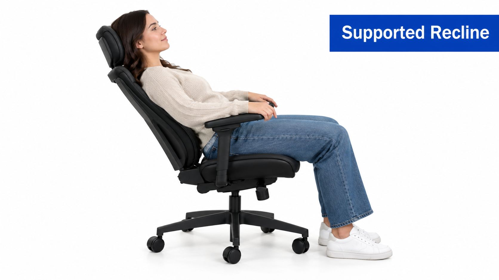A woman sitting in a reclined ergonomic office chair, showcasing a comfortable posture for lower back support.