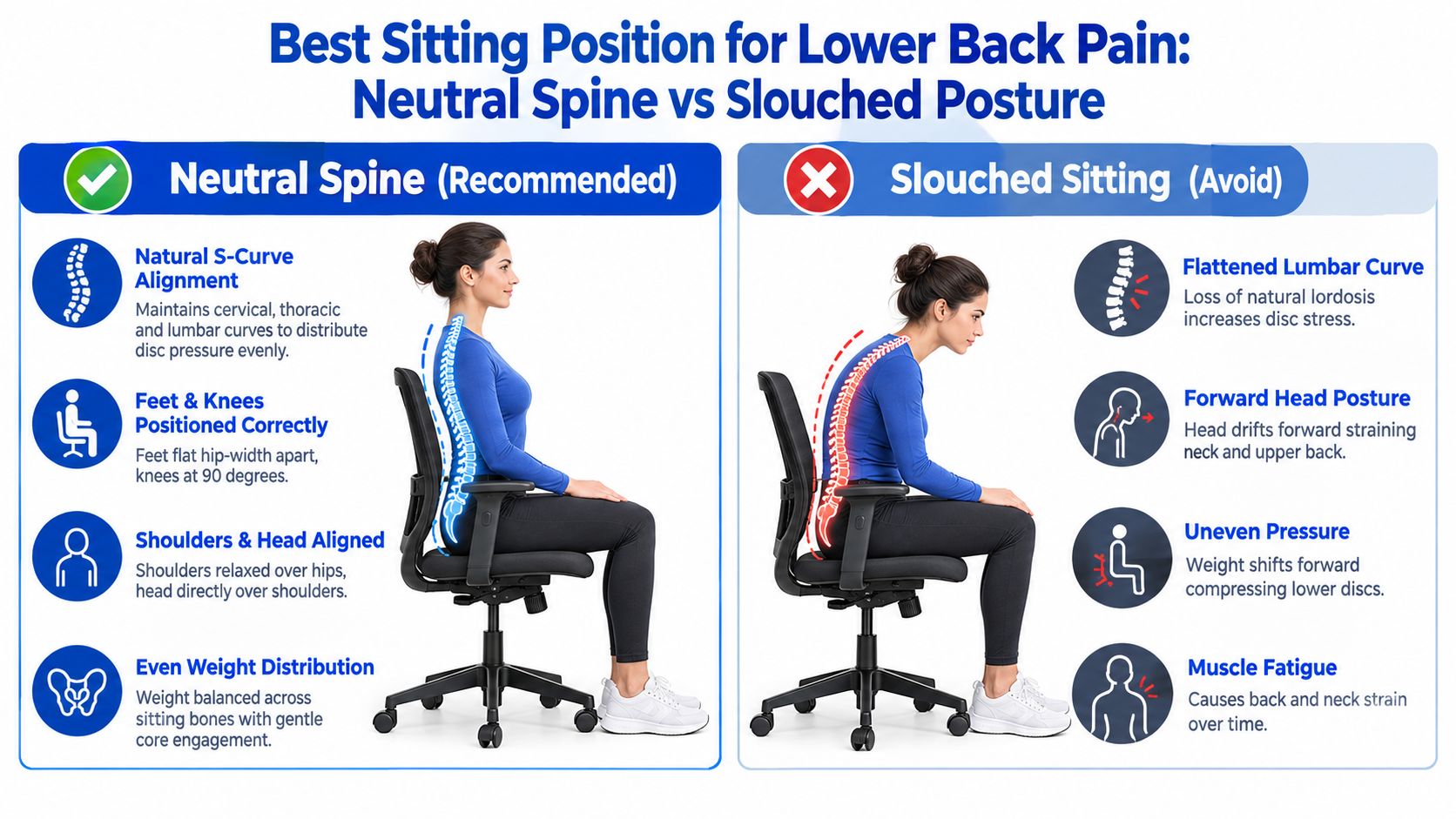 An infographic comparing the recommended neutral spine sitting posture against an incorrect, painful slouched sitting position.