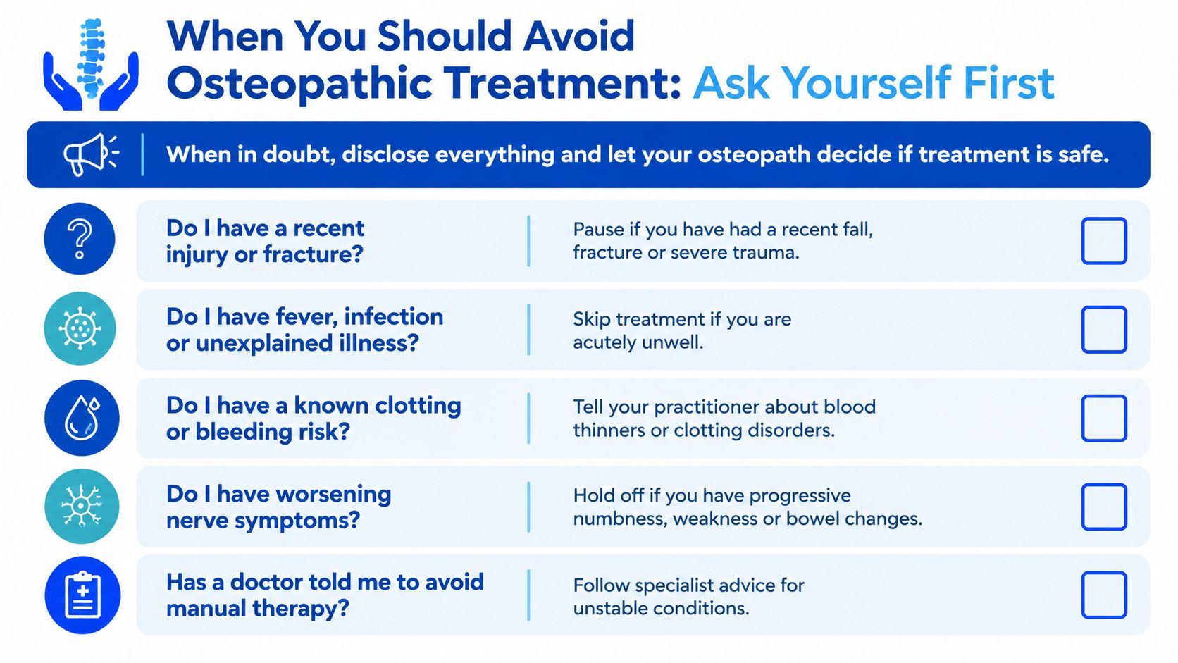 A checklist infographic titled When You Should Avoid Osteopathic Treatment listing safety precautions for seeking osteopathic care.