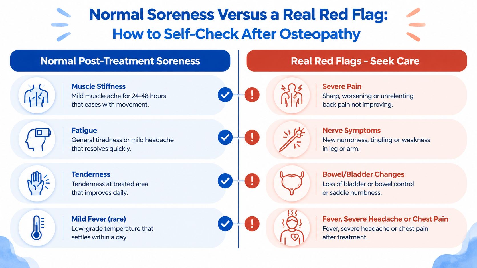 A comparison chart outlining symptoms of normal post-treatment soreness versus serious red flags after osteopathy sessions.