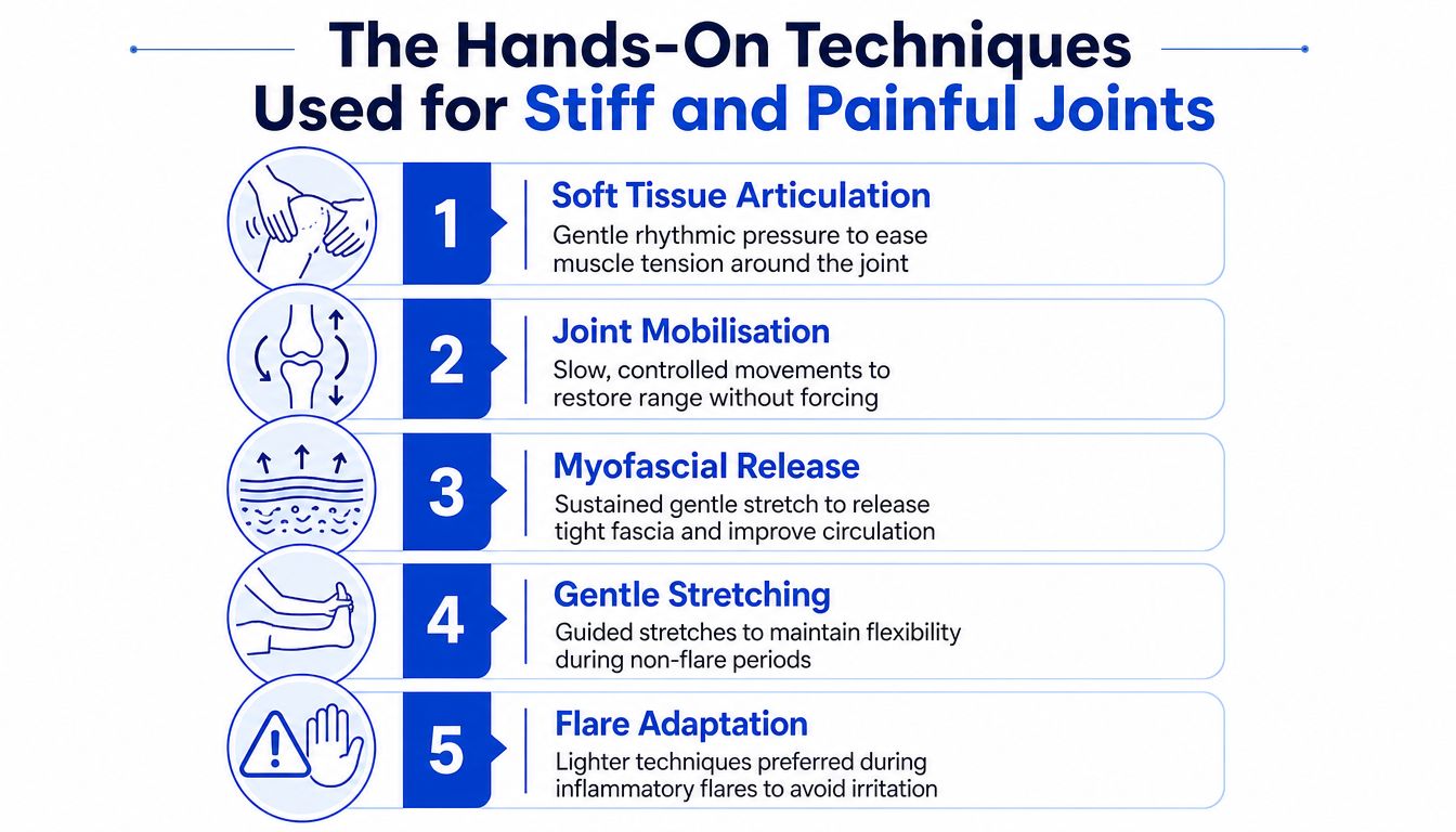 A diagram illustrating five hands-on techniques for managing stiff and painful joints, including mobilization and stretching.