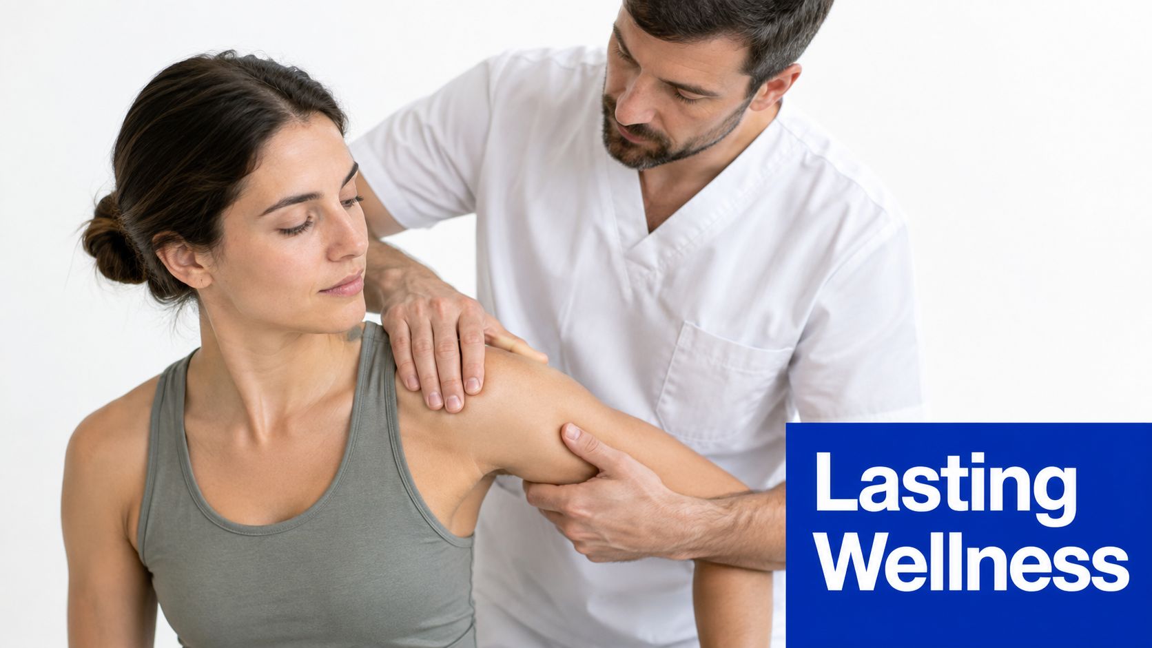 A male osteopath performing a shoulder physical therapy assessment on a female patient in a clinical setting.