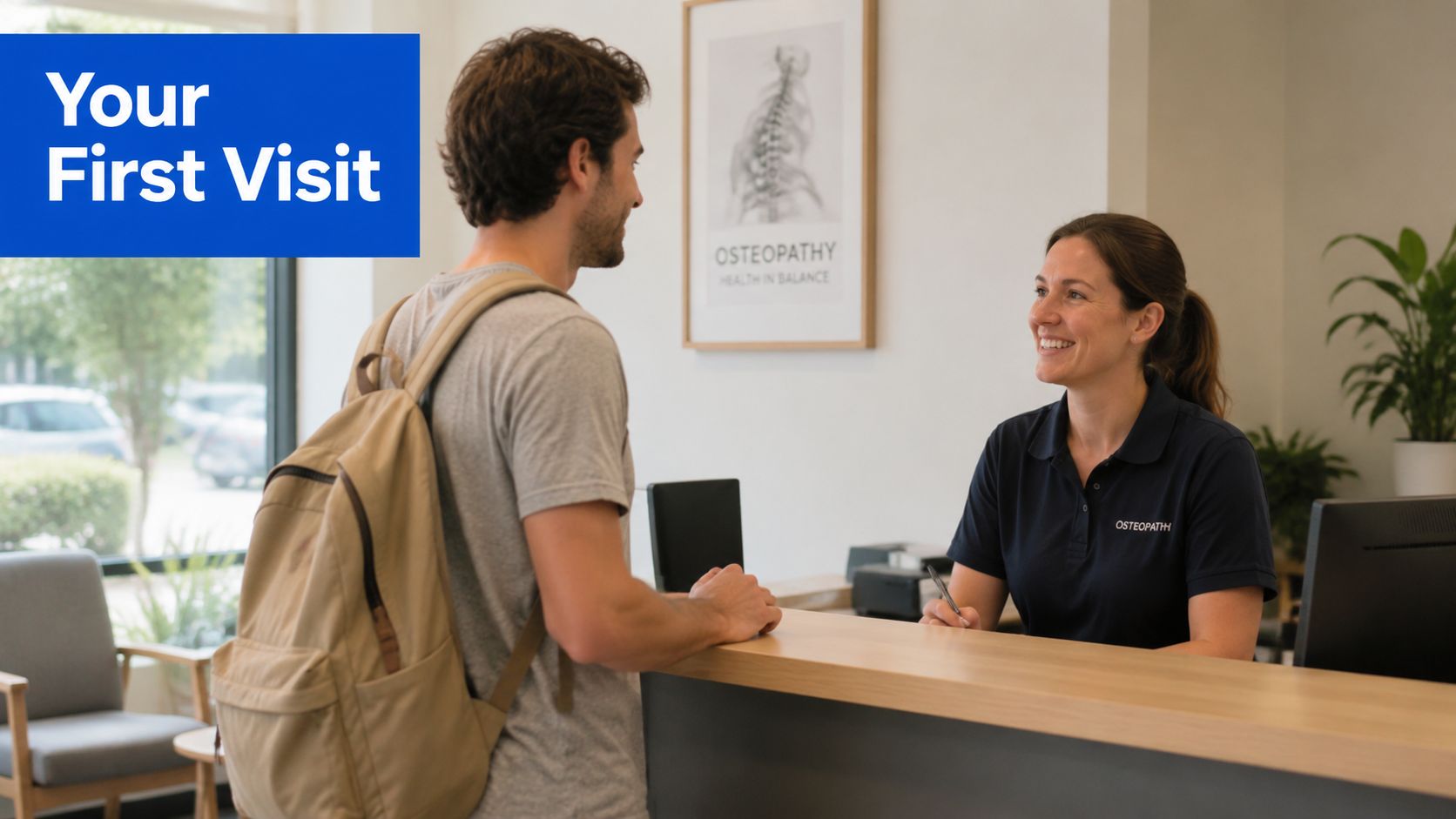 A male patient with a backpack talks to a smiling female receptionist at an osteopathy clinic counter.