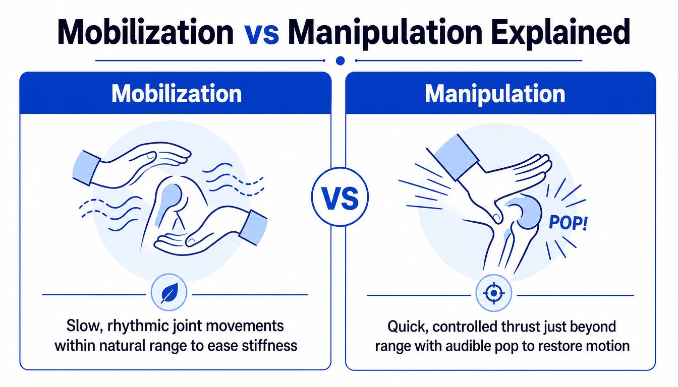 A comparison chart showing the differences between physical therapy mobilization and manipulation techniques for joint care.