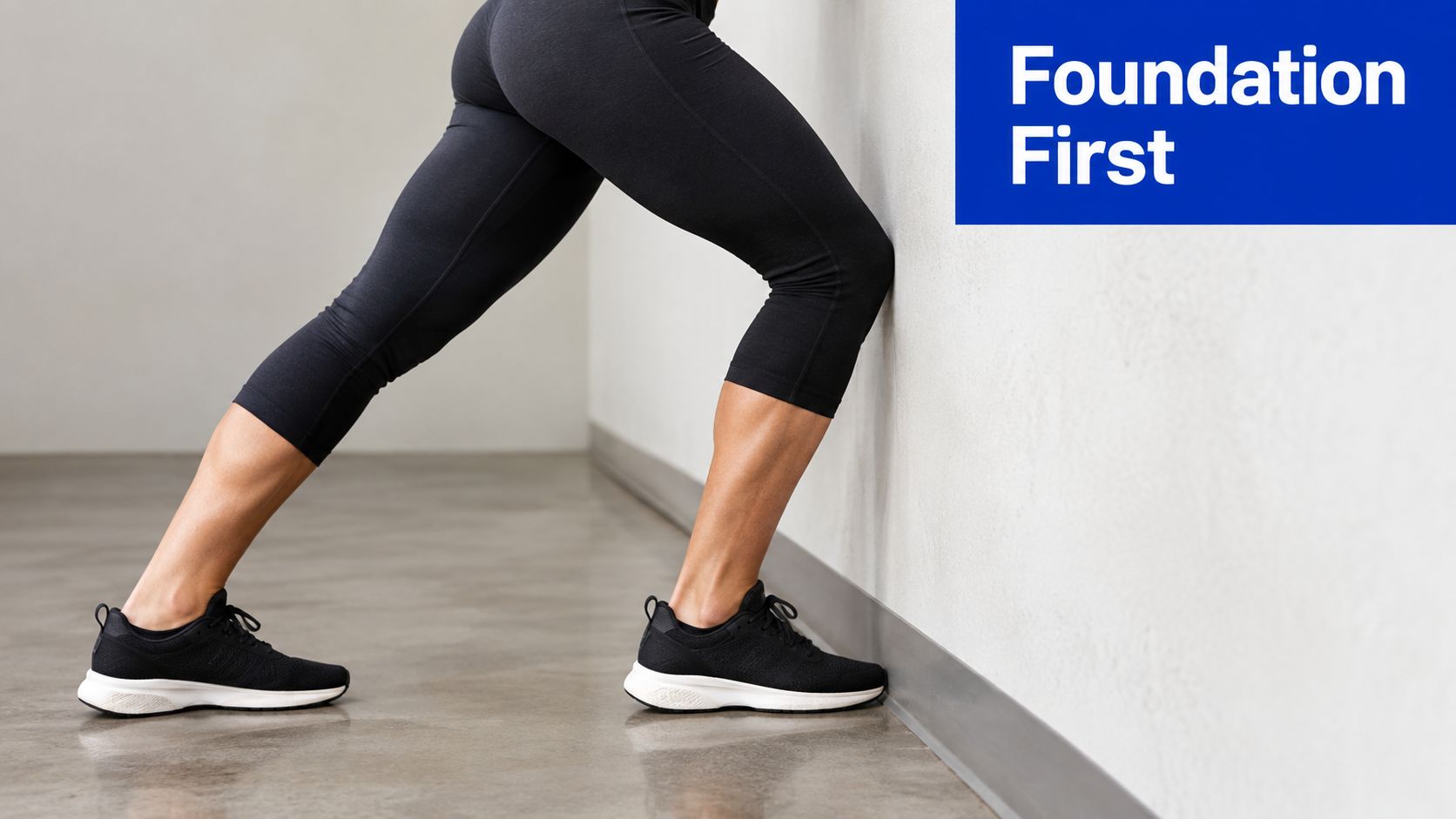 A person performing a calf stretch exercise against a wall to improve lower body mobility.